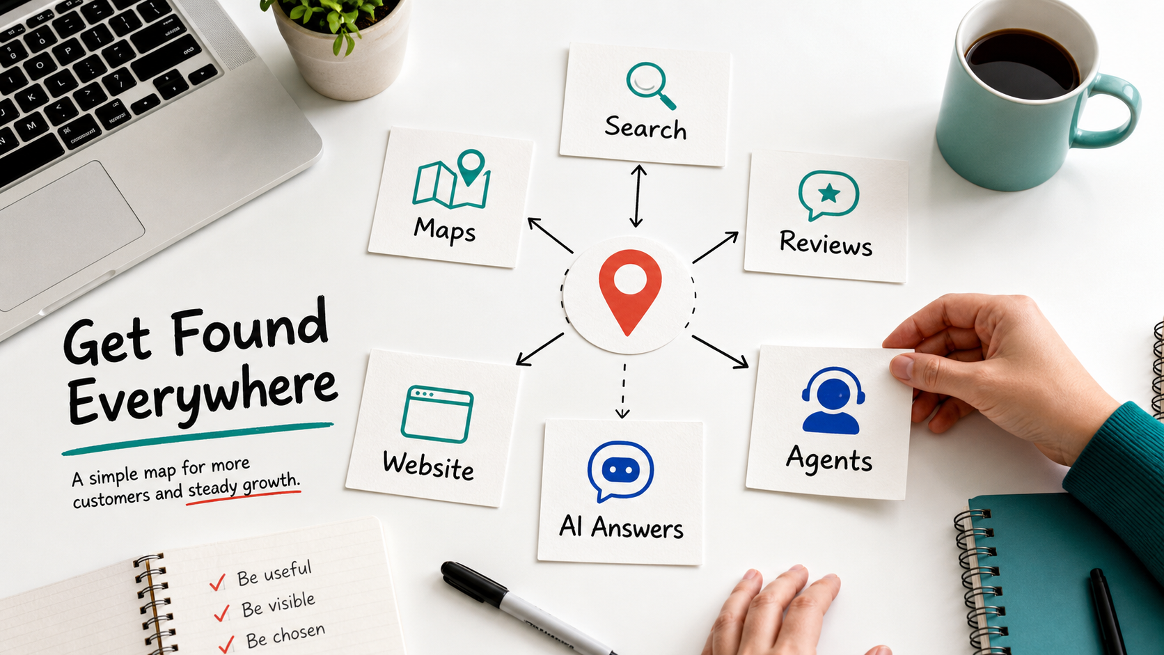A small business marketing surface map with cards for search, maps, reviews, website, AI answers, and agents.